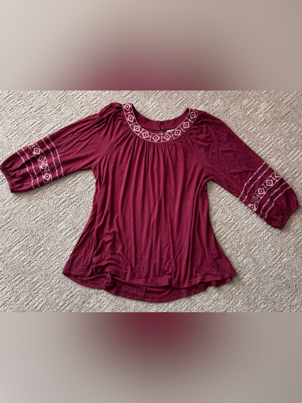 Alya Embroidered Peasant Tunic Top S Burgundy Long Balloon Sleeve Geometric boho